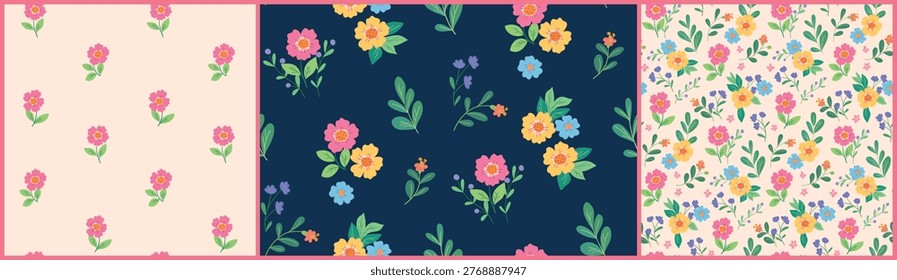 Seamless floral pattern, ditsy print in a girly motif. Cute botanical design collection. Small hand drawn daisy flowers, tiny leaves, simple wild plants in abstract composition. Vector illustration.
