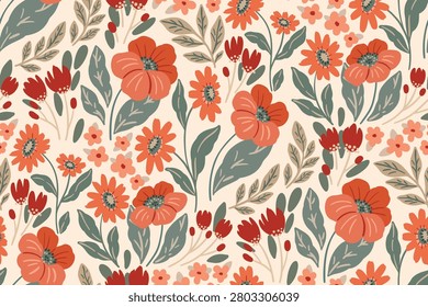 Seamless floral pattern, ditsy print, nature motif ornament in delicate folk style. Cute botanical design of hand drawn wild plants, large red flowers, green leaves, small twigs. Vector illustration.