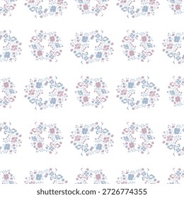 Patrón floral sin fisuras estilo ditsy con flores de rosa de flor Pequeña linda azul y rosa y rama de ramo de regalo de lazos de cinta. Vector simple vintage bonita ilustración para textiles, Fondo de pantalla de diseño de impresión de fondo. Vibra de boda victoriana de primavera