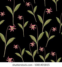 Seamless floral pattern with dog's-tooth-violet or dogtooth violet plants. (Erythronium dens-canis). Fawn lily. Trout lily.