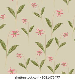 Seamless floral pattern with dog's-tooth-violet or dogtooth violet plants. (Erythronium dens-canis). Vintage style.