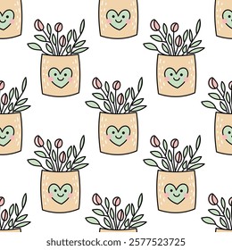 Seamless floral pattern doodle and flat illustration with heart plant pots

