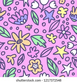 Seamless floral pattern with doodle flowers and leaves in pastel colors. Vector illustration. Trendy flowers for girly print. Hand drawn design.