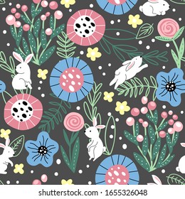 Seamless floral pattern with doodle flowers and leaves and little white rabbits on a dark gray background.  Perfect for kids fabric, wrapping, textile, wallpaper, apparel. Vector illustration.