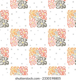 Seamless floral pattern with doodle flowers. Vector checkered background, textile design