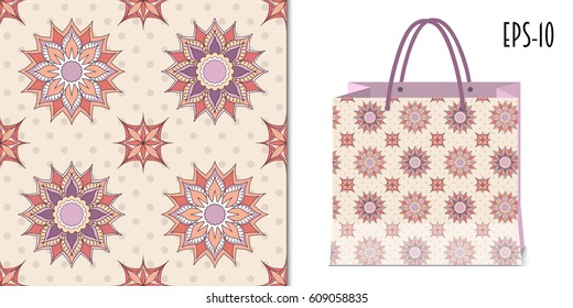 Seamless floral pattern with doodle flowers for holiday pack paper, birthday packing gift, print textile, fabric clothes. Mock-up paper bag. eps 10.
