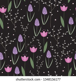 Seamless floral pattern with doodle hyacinths, tulips and brances on dark background. Vector illustration