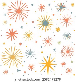 Seamless floral pattern. Doodle inspired Firework stars pattern, cartoon sticker, sketch, vector, Illustration. 