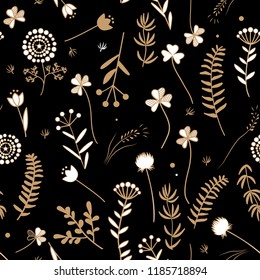 Seamless floral pattern with doodle leaves and herbs.