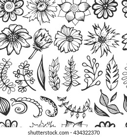 Seamless floral pattern. Doodle set of flowers and leaves in vintage style. Vector sketch illustration. Hand drawn  background.