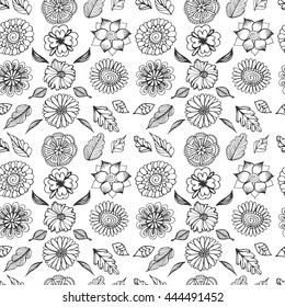 Seamless floral pattern. Doodle set of flowers and leaves in vintage style. Vector illustration. Hand drawn elements, sketch background.