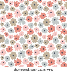 Seamless floral pattern in doodle style with flowers. Pastel color print. Vector wallpaper.