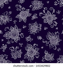 Seamless floral pattern in doodle style. On a dark background, the white contours of stylized flowers. Vector illustration.