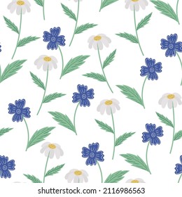 Seamless floral pattern in doodle style. Floral pattern of meadow flowers. Flat style vector image.