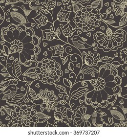 seamless floral pattern in doodle style with flowers. leaves and birds
