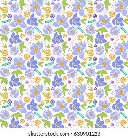 Seamless floral pattern in doodle style with flowers and leaves. Gentle, spring, summer floral background.