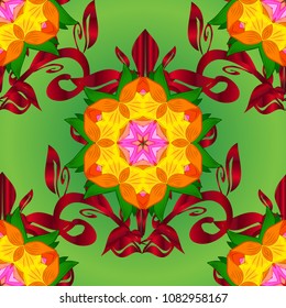 Seamless floral pattern with doodles flowers on green, red and orange colors. Vector illustration.