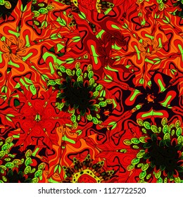 Seamless floral pattern with doodles flowers on green, red and orange colors. Raster illustration.