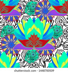 Seamless floral pattern with doodles flowers on blue, green and white colors. Vector illustration.