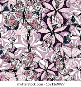 Seamless floral pattern with doodles flowers on white, neutral and black colors. Vector illustration.