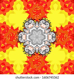 Seamless floral pattern with doodles flowers on red, orange and yellow colors. Vector illustration.