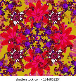 Seamless floral pattern with doodles flowers on black, yellow and red colors. Vector illustration.