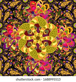 Seamless floral pattern with doodles flowers on yellow, green and black colors. Vector illustration.