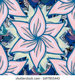 Seamless floral pattern with doodles flowers on blue, neutral and gray colors. Vector illustration.