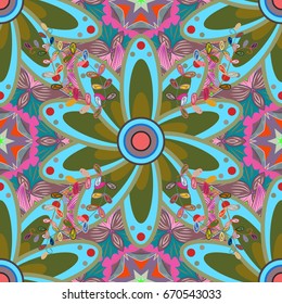 Seamless floral pattern with doodles flowers on colorful background. Vector illustration.