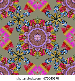 Seamless floral pattern with doodles flowers on colorful background. Vector illustration.