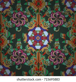 Seamless floral pattern with doodles flowers on green, neutral and orange background. Vector illustration.
