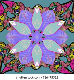 Seamless floral pattern with doodles flowers on blue, violet and black colors. Vector illustration.