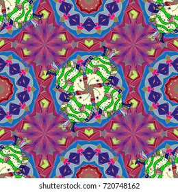 Seamless floral pattern with doodles flowers on blue, pink and purple colors. Vector illustration.