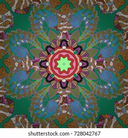 Seamless floral pattern with doodles flowers on green, brown and blue colors. Vector illustration.