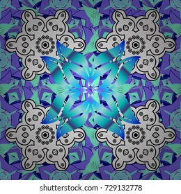 Seamless floral pattern with doodles flowers on blue, white and violet colors. Vector illustration.