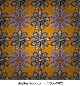 Seamless floral pattern with doodles flowers on yellow, brown and neutral colors. Vector illustration.