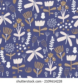 Seamless floral pattern with dragonflies and botanical elements. Spring blooming texture. Great for fabric, textile. Vector illustration