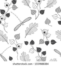 Seamless floral pattern  with dragonflies on white. Monochrome nature background. Vector.