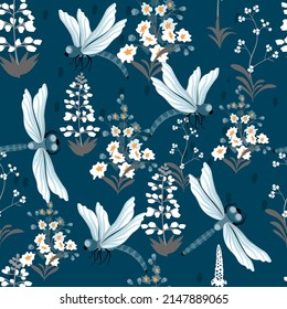 Seamless floral pattern with dragonflies and wildflowers on blue.Summer background and texture for printing on fabrics and paper.Vector cartoon illustration for design cards,posters,cover.