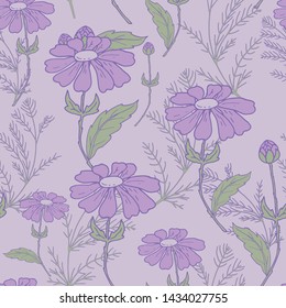 Seamless floral pattern. Drawing by hand. Chamomiles on a purple background, for the design of textiles, wallpapers, cards. Vector drawing. Swatches included