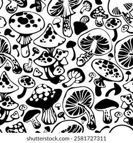 Seamless floral pattern of drawn black mushrooms on a white background	