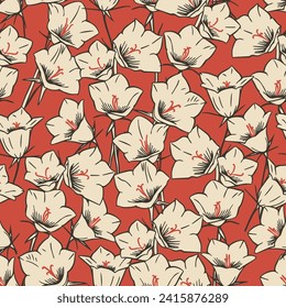 Seamless floral pattern with drawn bluebell flowers on a red background. Vector illustration
