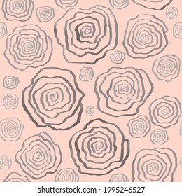 Patrón floral sin foco con rosas de espirales estilizadas dibujadas. Fondo de luz monocromo. Imprimir para textiles, tela, papel pintado, rayado, embalaje. Ilustración vectorial de línea
