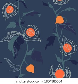 Seamless floral pattern with dried flowers physalis. Seamless beige background. Fabric wallpaper print texture. Perfectly for wrapped paper, banner design, frame or border. 