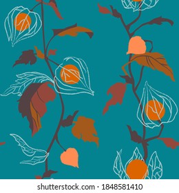 Seamless floral pattern with dried flowers physalis. Seamless beige background. Fabric wallpaper print texture. Perfectly for wrapped paper, banner design, frame or border. 
