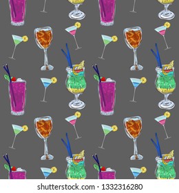 Seamless floral pattern with drinks. Abstract Vector background with cocktails.