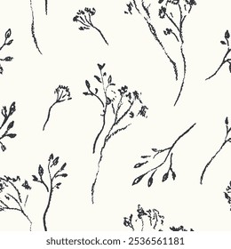 Seamless floral pattern with dry hand drawn plants. Abstract botanical ornament, flower print with textured wild flowers, small buds, thin branches. Black and white two colors vector illustration.