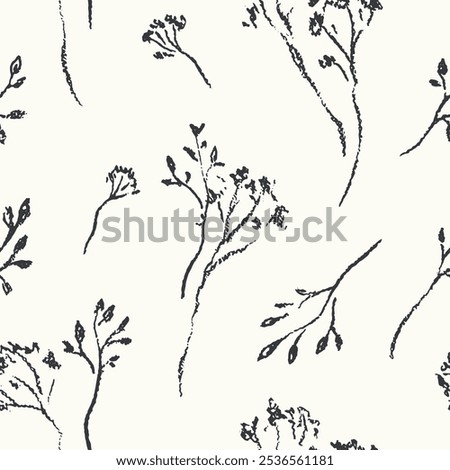 Seamless floral pattern with dry hand drawn plants. Abstract botanical ornament, flower print with textured wild flowers, small buds, thin branches. Black and white two colors vector illustration.