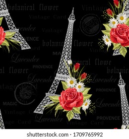 Seamless floral pattern with Eiffel towers on vintage postcard background. Vector illustration.
