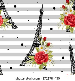 Impresionante estampado floral con torres Eiffel sobre fondo a rayas. Ilustración vectorial.